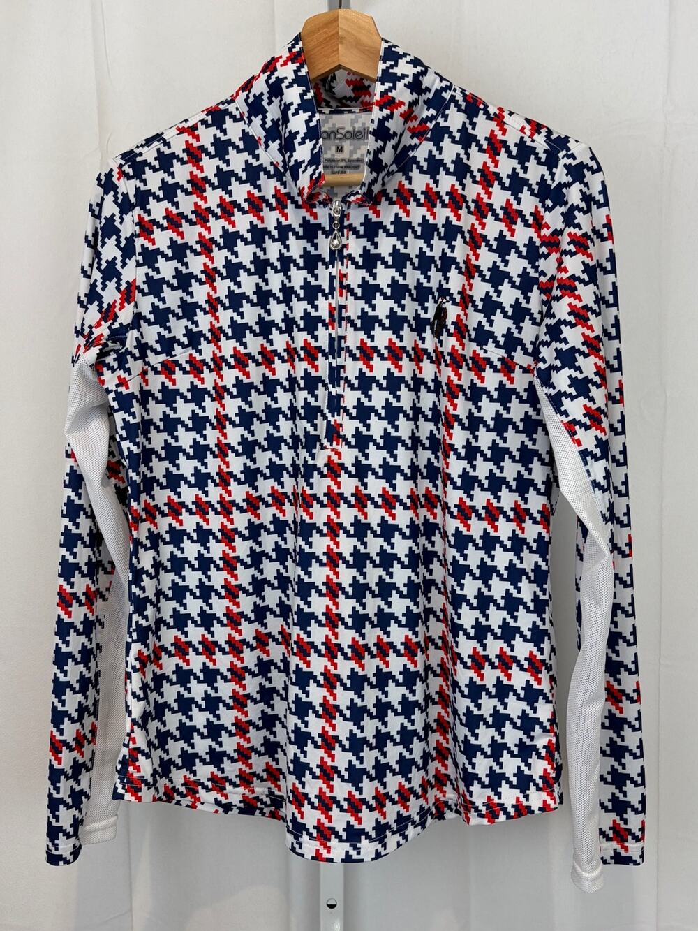 SAN SOLEIL Houndstooth 1/4 Zip Pullover Top UPF 50 Long Sleeve Logo Multicolor M